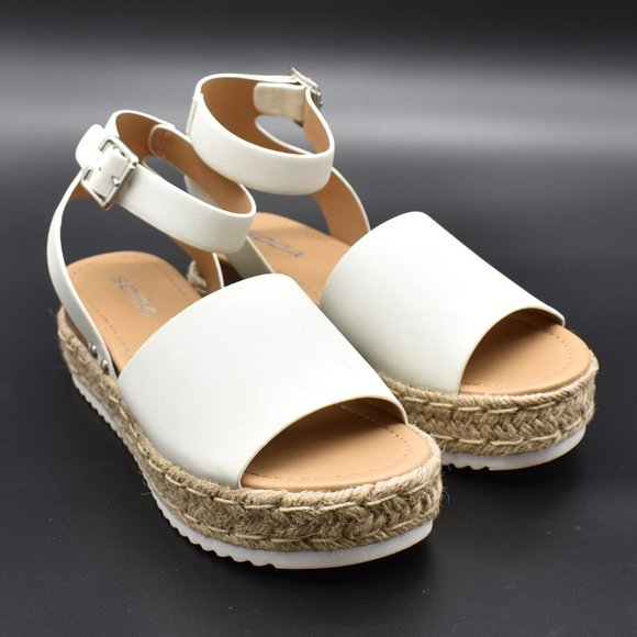 Women's Cute White Faux Leather Ankle Strap Toe Platform Espadrille Wedge Sandal - Picture 2 of 4
